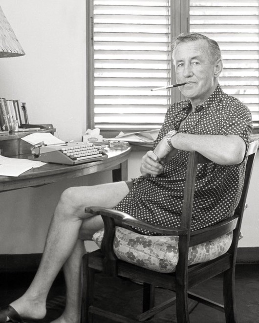 Ian Fleming at his writing desk at Goldeneye, Jamaica, mid-1960s.